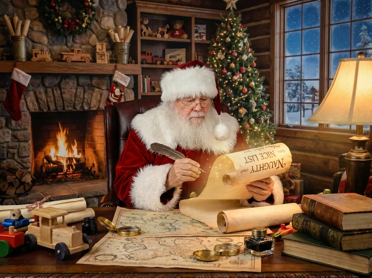 Santa Oliver checking his Christmas list during a portrait session