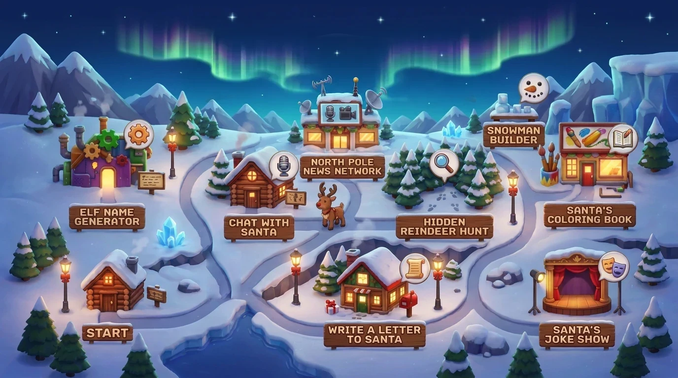 A map of the North Pole. Places to visit: the Elf Name Generator workshop, Chat with Santa cabin, North Pole News Network, Hidden Reindeer Hunt forest, Snowman Workshop, Santa's Coloring Book shop, Write a Letter to Santa post house, and Santa's Joke Show stage.